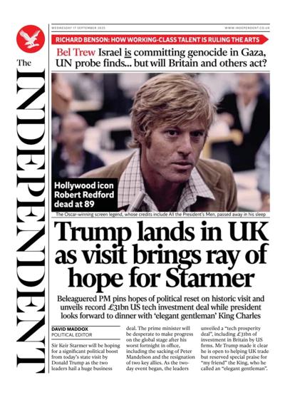 The Independent Newspaper Front Page (UK) for 17 September 2025