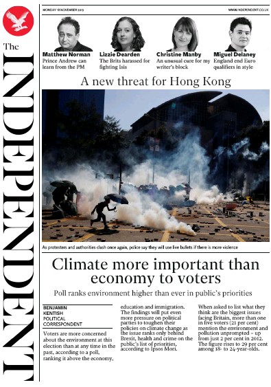 The Independent Newspaper Front Page (UK) for 18 November 2019