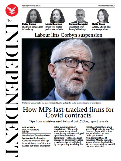 The Independent Newspaper Front Page (UK) for 18 November 2020