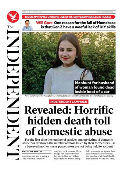 The Independent Newspaper Front Page (UK) for 18 November 2024