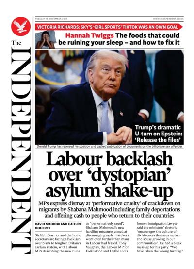 The Independent Newspaper Front Page (UK) for 18 November 2025