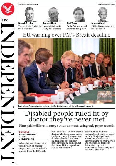 The Independent Newspaper Front Page (UK) for 18 December 2019