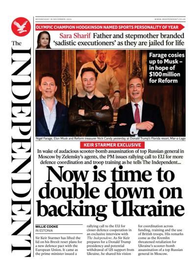 The Independent Newspaper Front Page (UK) for 18 December 2024