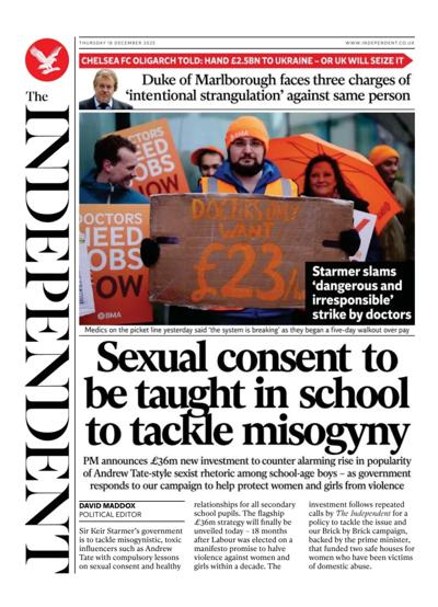 The Independent Newspaper Front Page (UK) for 18 December 2025