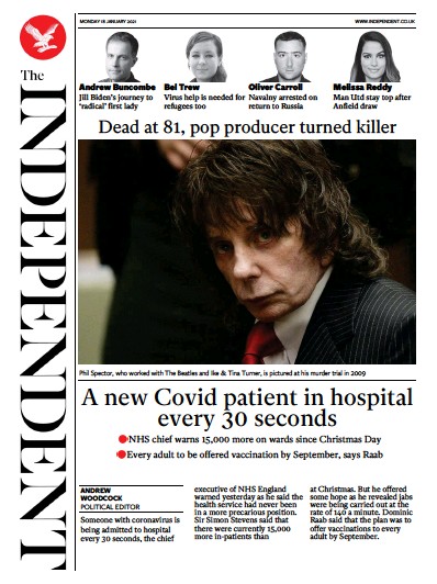 The Independent Newspaper Front Page (UK) for 18 January 2021