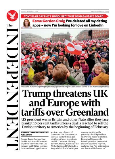 The Independent Newspaper Front Page (UK) for 18 January 2026