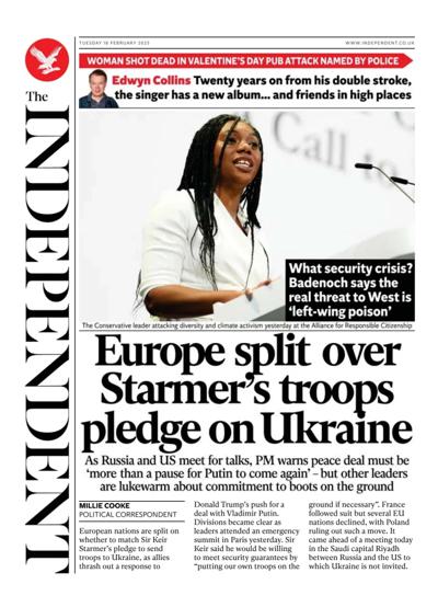 The Independent Newspaper Front Page (UK) for 18 February 2025