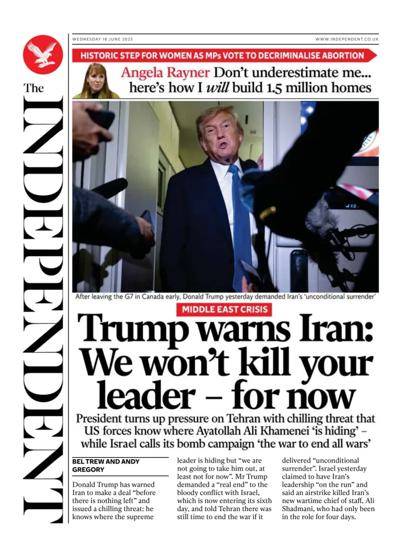 The Independent Newspaper Front Page (UK) for 18 June 2025