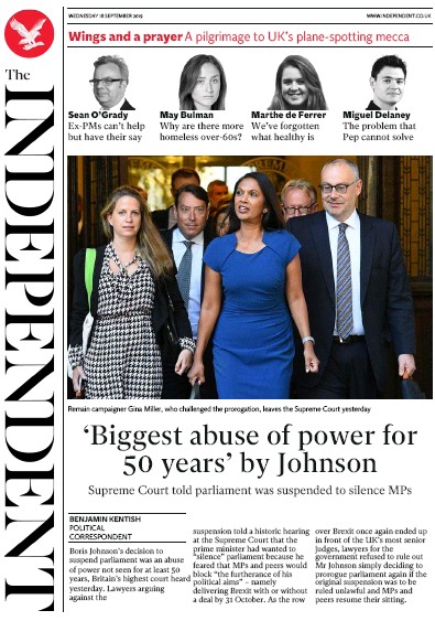 The Independent Newspaper Front Page (UK) for 18 September 2019