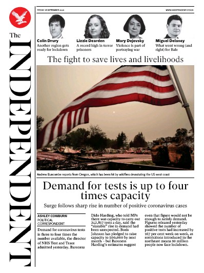 The Independent Newspaper Front Page (UK) for 18 September 2020