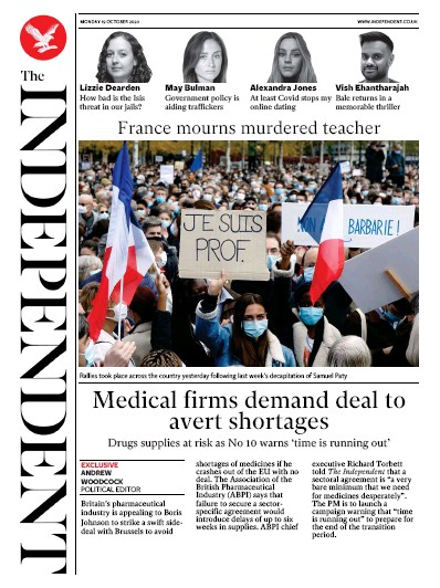 The Independent Newspaper Front Page (UK) for 19 October 2020