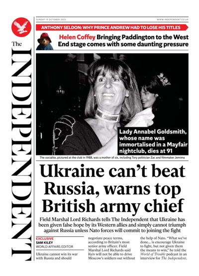 The Independent Newspaper Front Page (UK) for 19 October 2025
