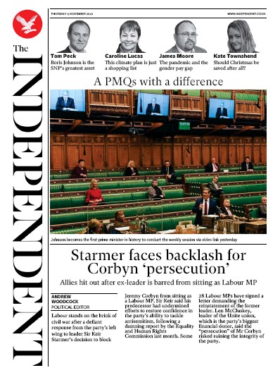 The Independent Newspaper Front Page (UK) for 19 November 2020