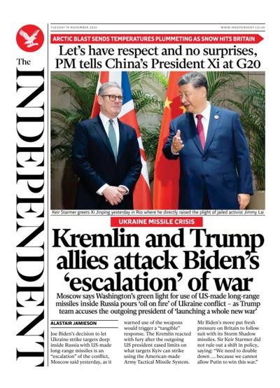 The Independent Newspaper Front Page (UK) for 19 November 2024