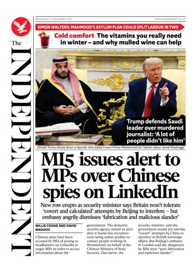 The Independent Newspaper Front Page (UK) for 19 November 2025