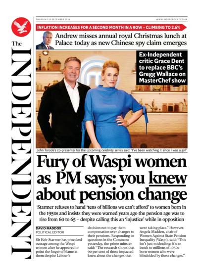 The Independent Newspaper Front Page (UK) for 19 December 2024