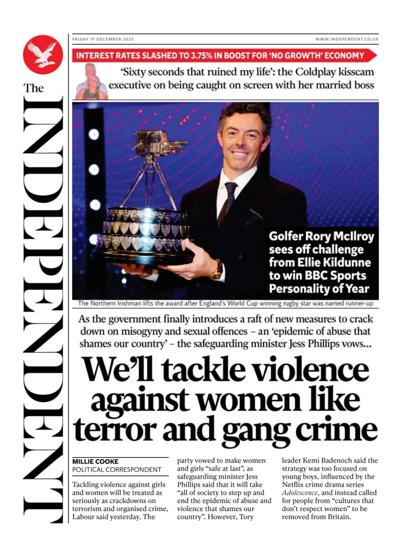 The Independent Newspaper Front Page (UK) for 19 December 2025