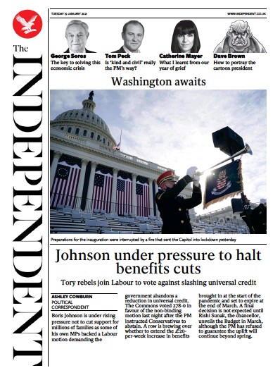 The Independent Newspaper Front Page (UK) for 19 January 2021