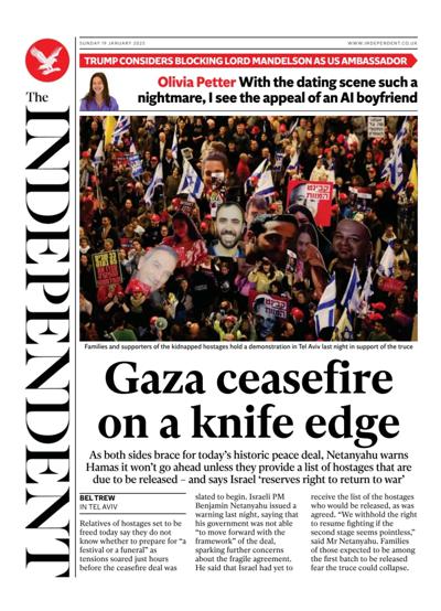 The Independent Newspaper Front Page (UK) for 19 January 2025