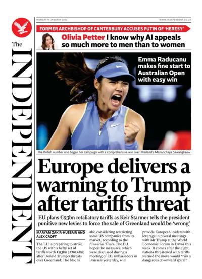 The Independent Newspaper Front Page (UK) for 19 January 2026