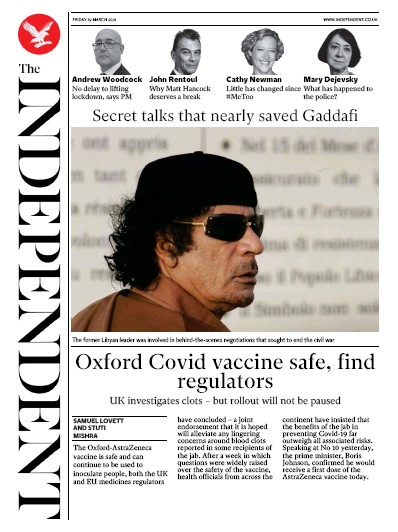 The Independent Newspaper Front Page (UK) for 19 March 2021