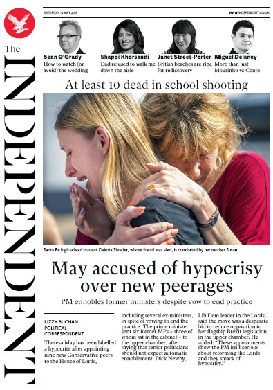 The Independent Newspaper Front Page (UK) for 19 May 2018