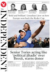 The Independent (UK) Newspaper Front Page for 1 October 2018