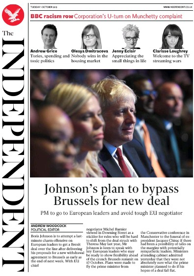 The Independent Newspaper Front Page (UK) for 1 October 2019