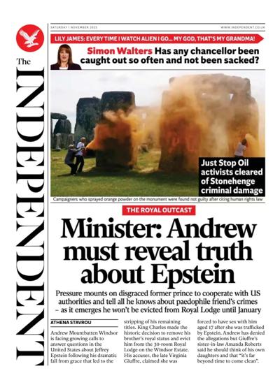 The Independent Newspaper Front Page (UK) for 1 November 2025