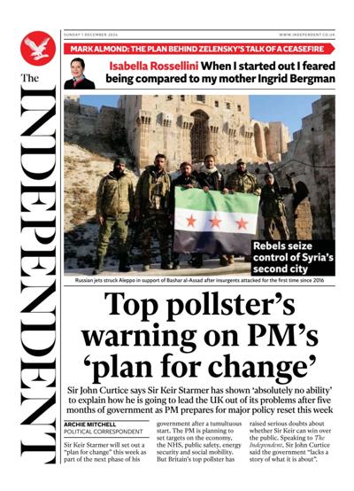 The Independent Newspaper Front Page (UK) for 1 December 2024