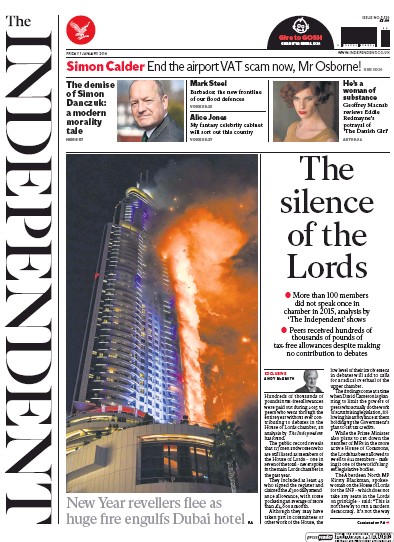 The Independent Newspaper Front Page (UK) for 1 January 2016