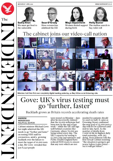 The Independent Newspaper Front Page (UK) for 1 April 2020