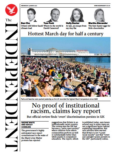 The Independent Newspaper Front Page (UK) for 1 April 2021