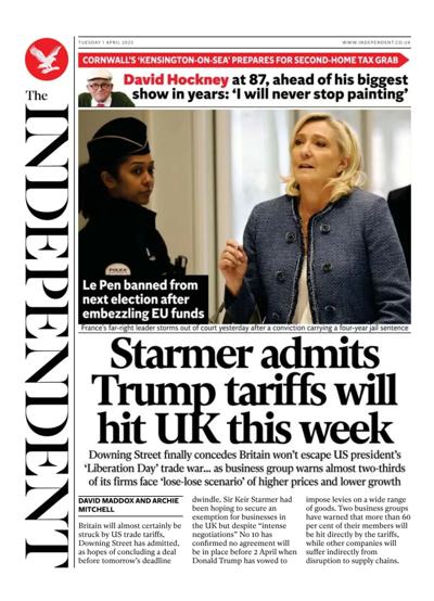 The Independent Newspaper Front Page (UK) for 1 April 2025