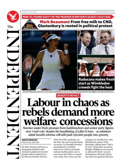 The Independent Newspaper Front Page (UK) for 1 July 2025