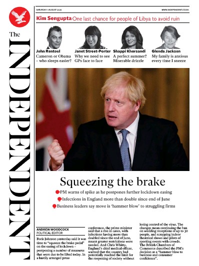 The Independent Newspaper Front Page (UK) for 1 August 2020