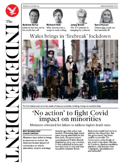 The Independent Newspaper Front Page (UK) for 20 October 2020