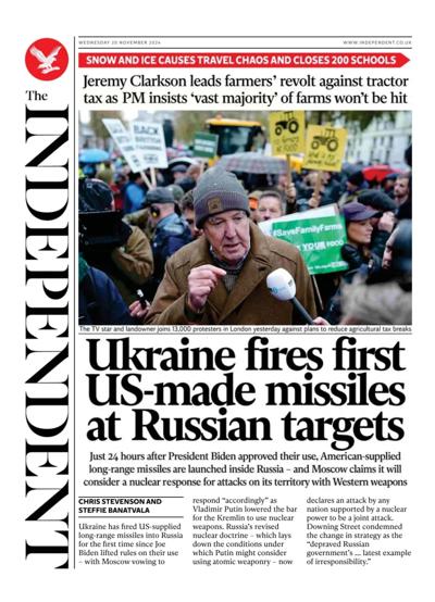 The Independent Newspaper Front Page (UK) for 20 November 2024