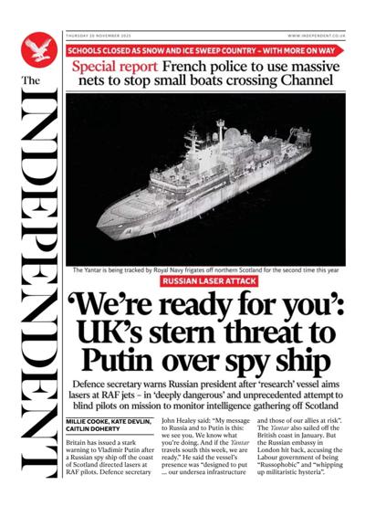 The Independent Newspaper Front Page (UK) for 20 November 2025