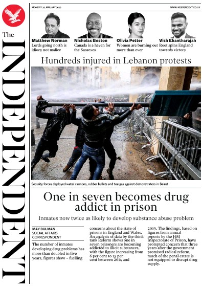 The Independent Newspaper Front Page (UK) for 20 January 2020