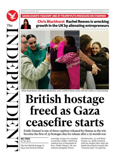 The Independent Newspaper Front Page (UK) for 20 January 2025