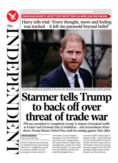 The Independent Newspaper Front Page (UK) for 20 January 2026