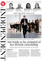 The Independent (UK) Newspaper Front Page for 20 February 2019