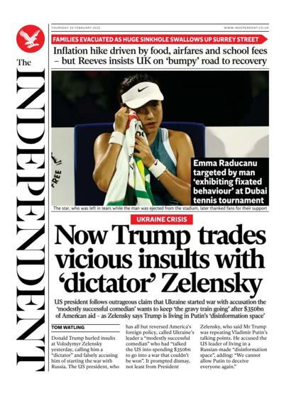 The Independent Newspaper Front Page (UK) for 20 February 2025