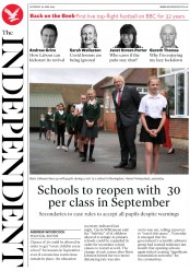 The Independent (UK) Newspaper Front Page for 20 June 2020