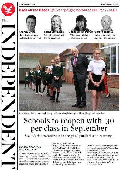 The Independent Newspaper Front Page (UK) for 20 June 2020