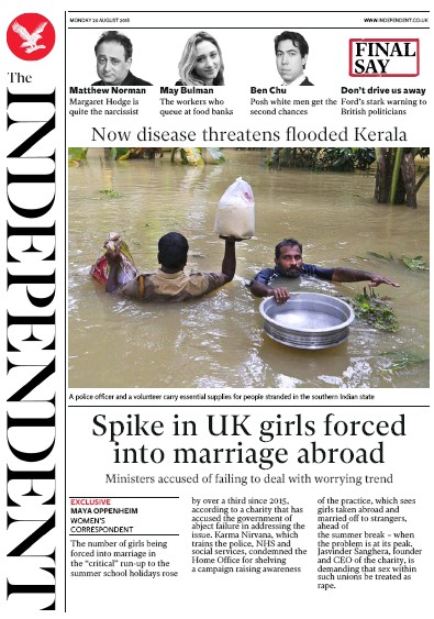 The Independent Newspaper Front Page (UK) for 20 August 2018