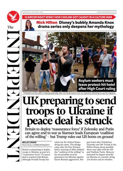 The Independent Newspaper Front Page (UK) for 20 August 2025