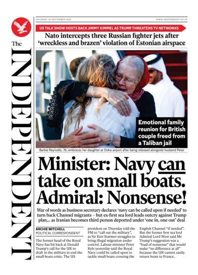 The Independent Newspaper Front Page (UK) for 20 September 2025