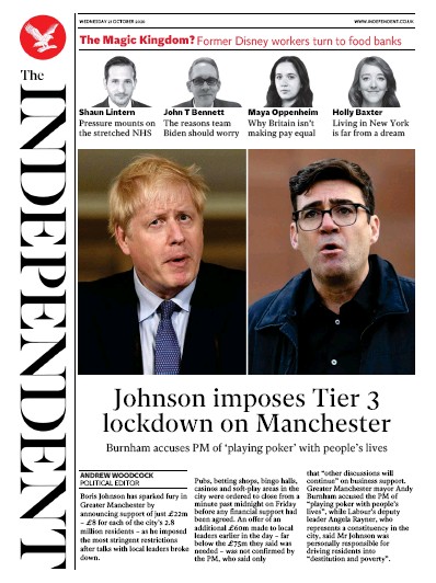 The Independent Newspaper Front Page (UK) for 21 October 2020